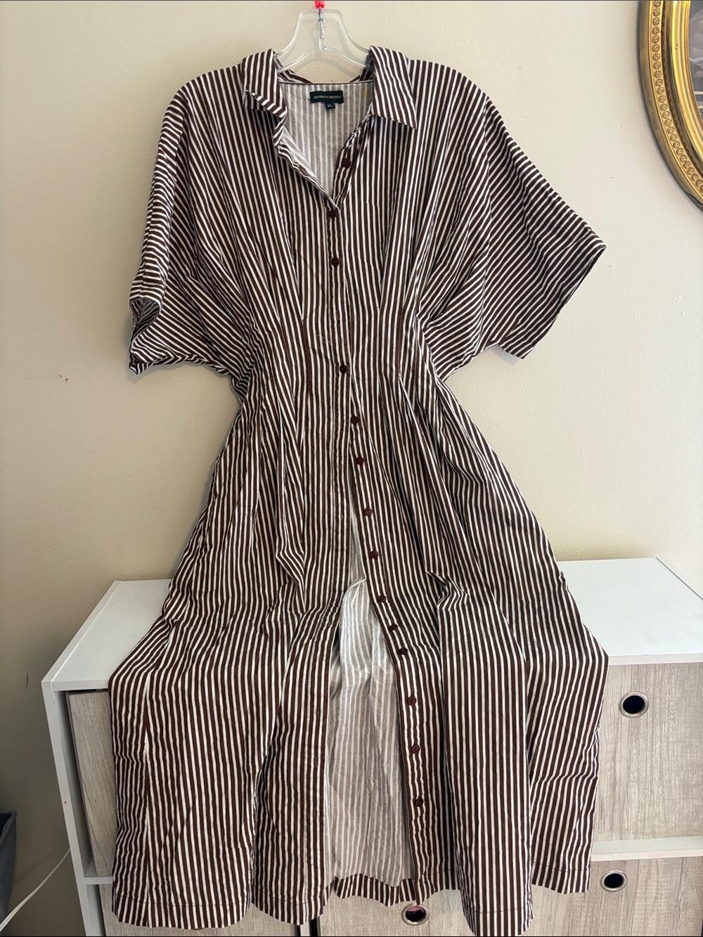 Brown & White Striped Button-Front Midi Dress - Women's